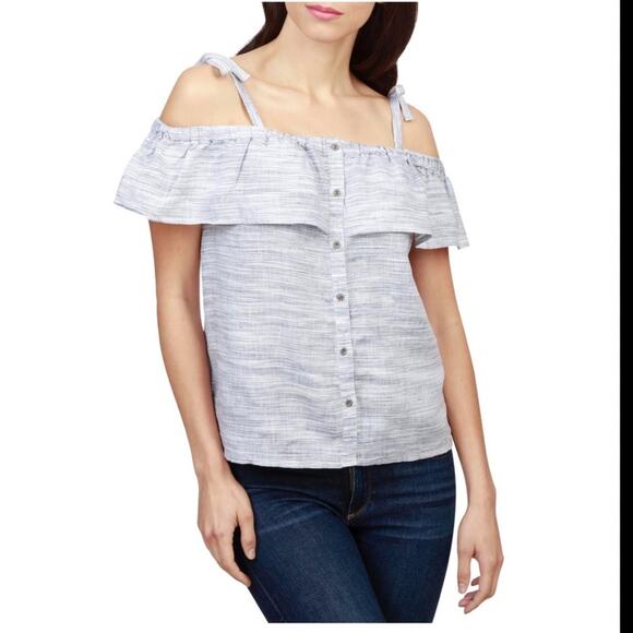 Lucky Brand Linen Striped Top Blue and White Medium - Picture 10 of 10